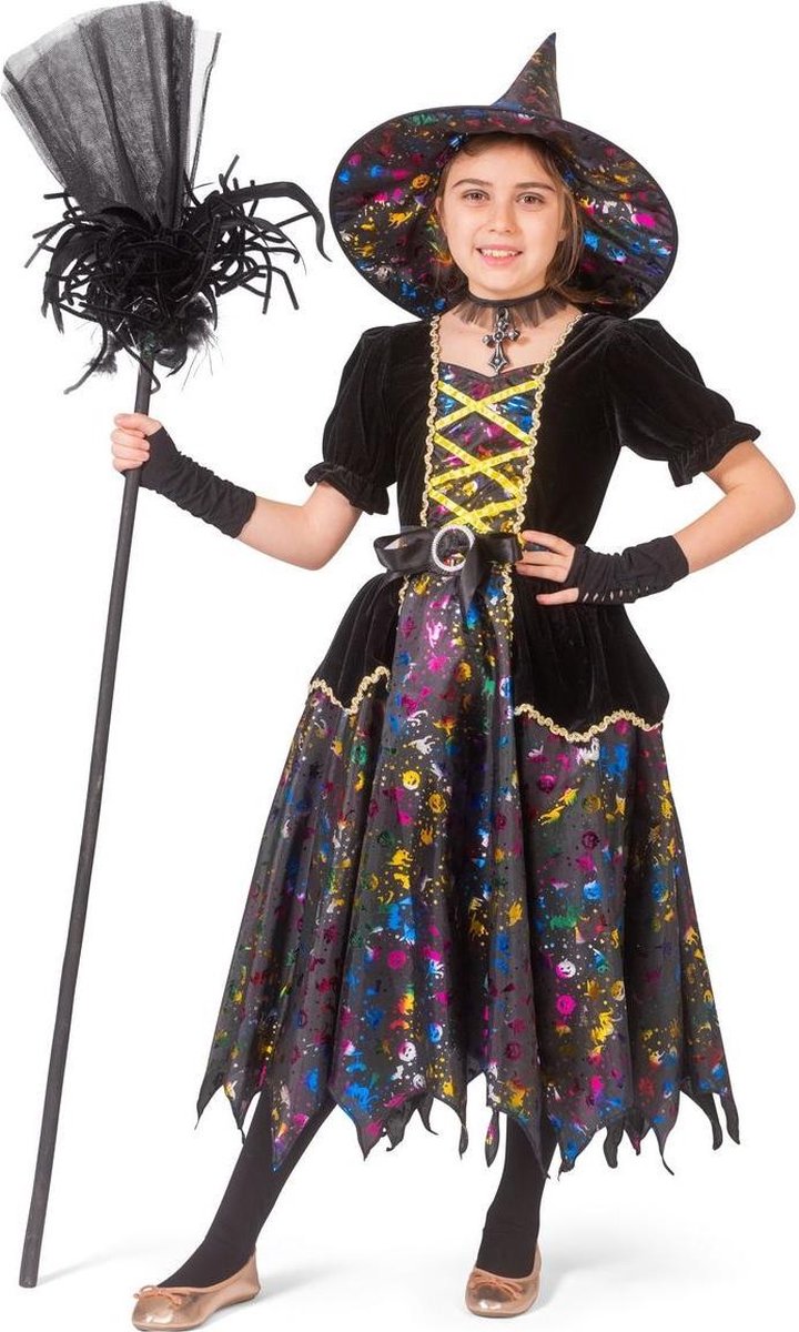 Heks & Spider Lady & Voodoo & Duistere Religie Kostuum | Klaar Voor Het Heksenbal Heks | Meisje | Maat 116 | Halloween | Verkleedkleding